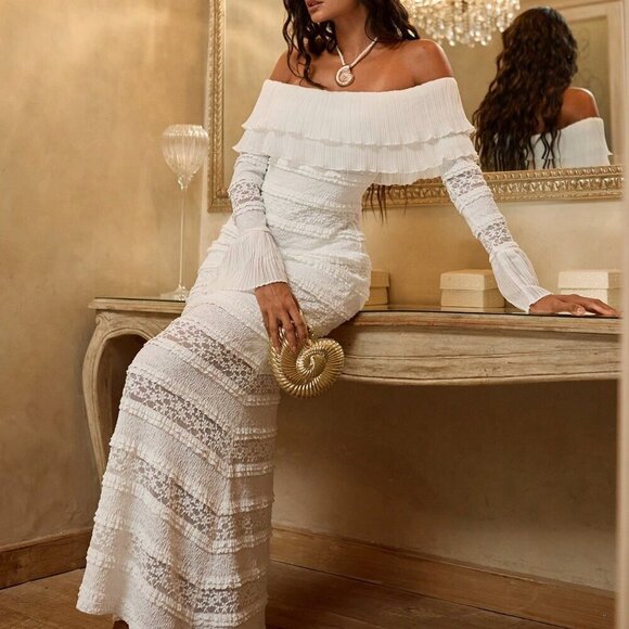 White Elegant Women's Sexy Knit Lace Ruffle Trim Long Sleeve Fitted Dress - Picture 4 of 6